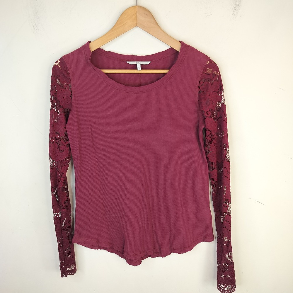 BKE Thermal Top Womens Small Lace Sleeve Waffle Knit Boho Maroon Burgundy Y2K